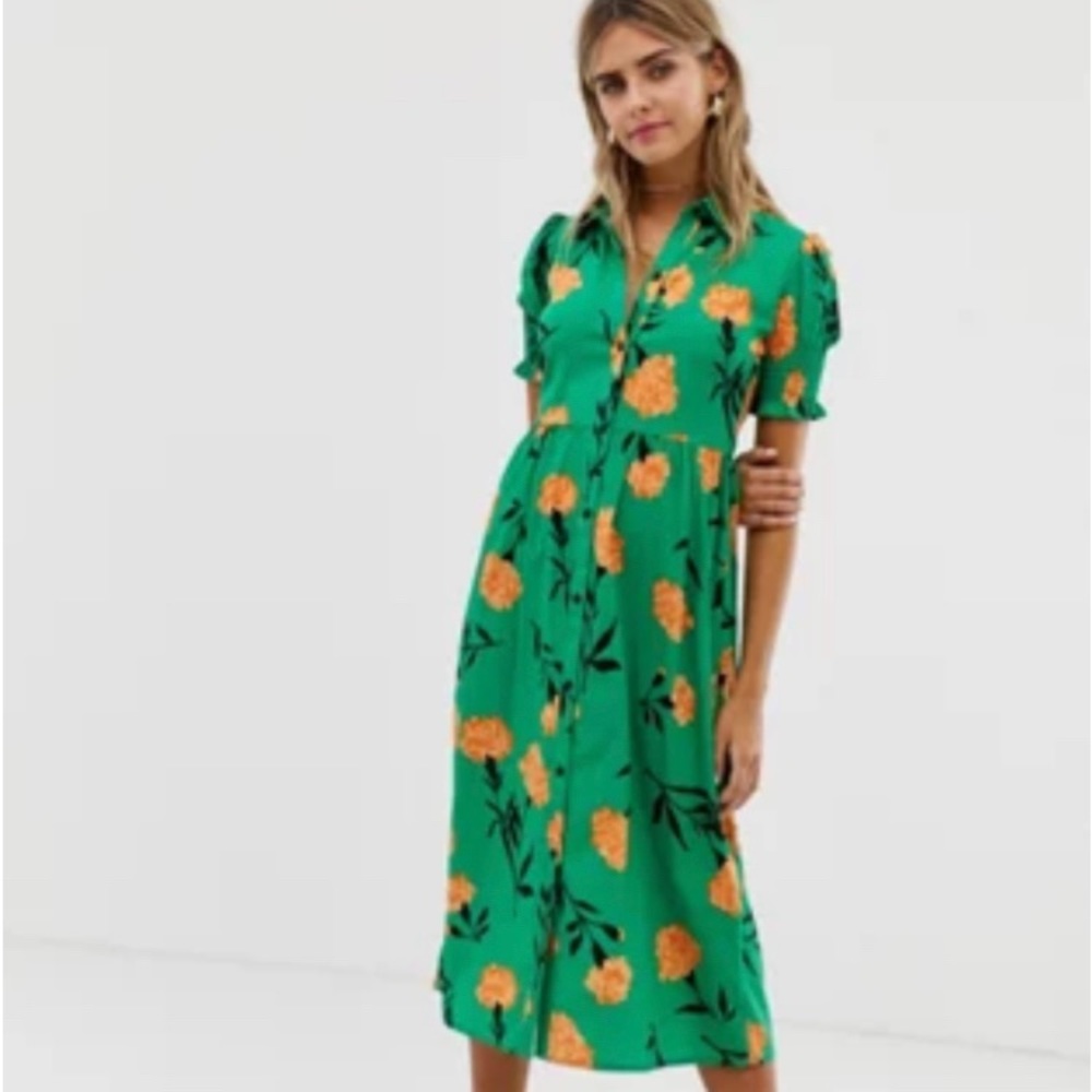 MIDI Short Sleeve Green Floral Dress